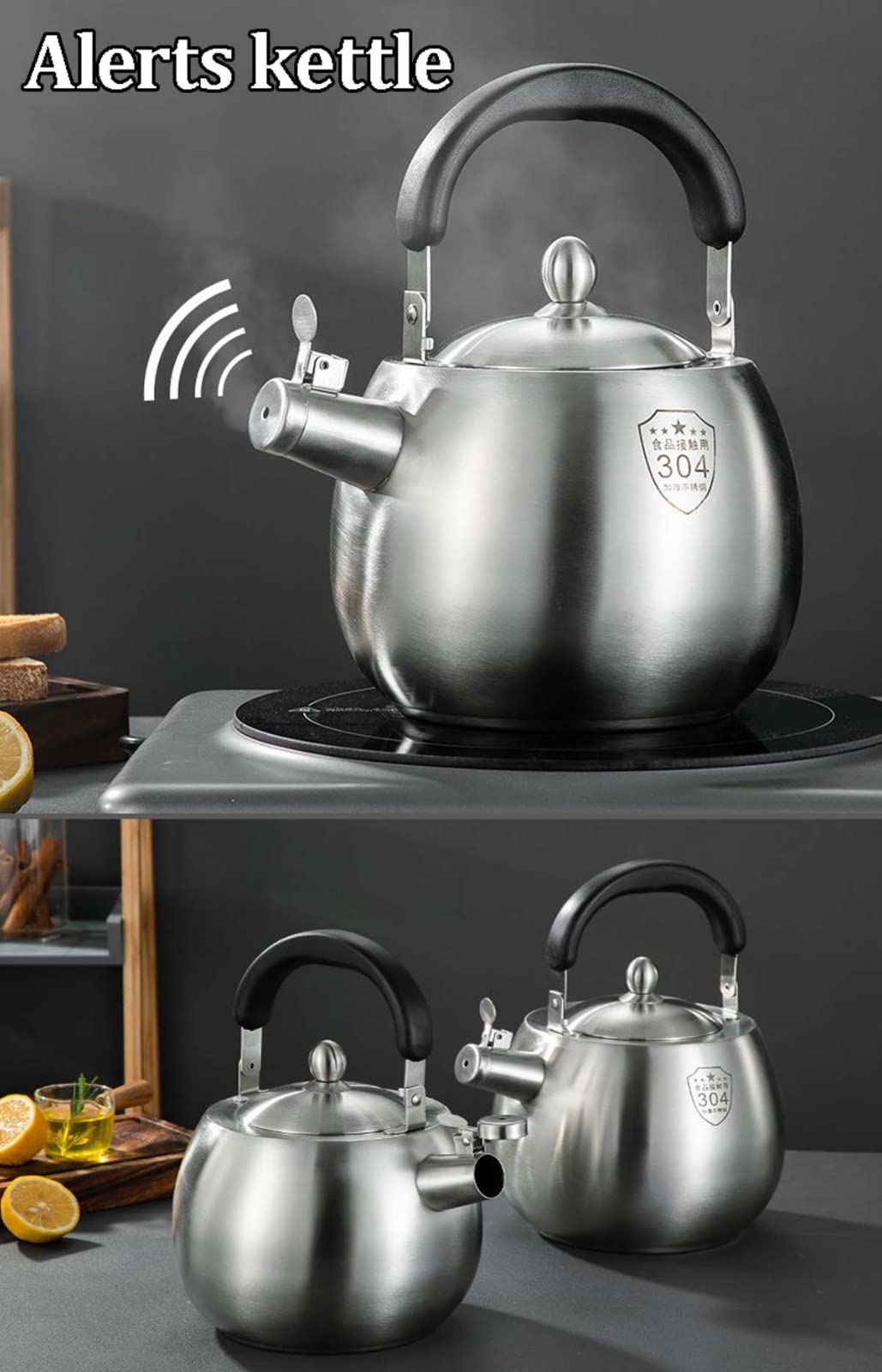 Tetera silbante de acero inoxidable, hervidor saludable para estufa, compatible con inducción/gas, hervidor de agua portátil con mango de 2.5 cuartos de galón de capacidad para uso doméstico y