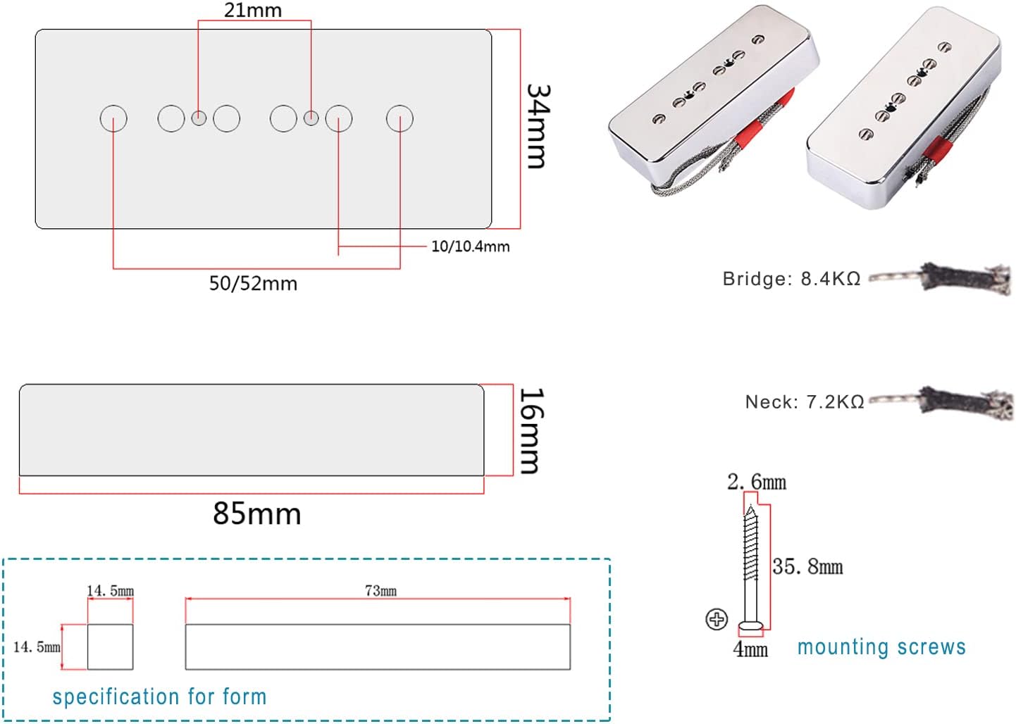 P90 Pickup Set, Single Coil Neck Bridge PUP Loaded Alnico 5 Bar Magnets, High Output Single-coil P/U for 6 String Electric Guitar with P90-sized Pickup-up Configuration, Chrome