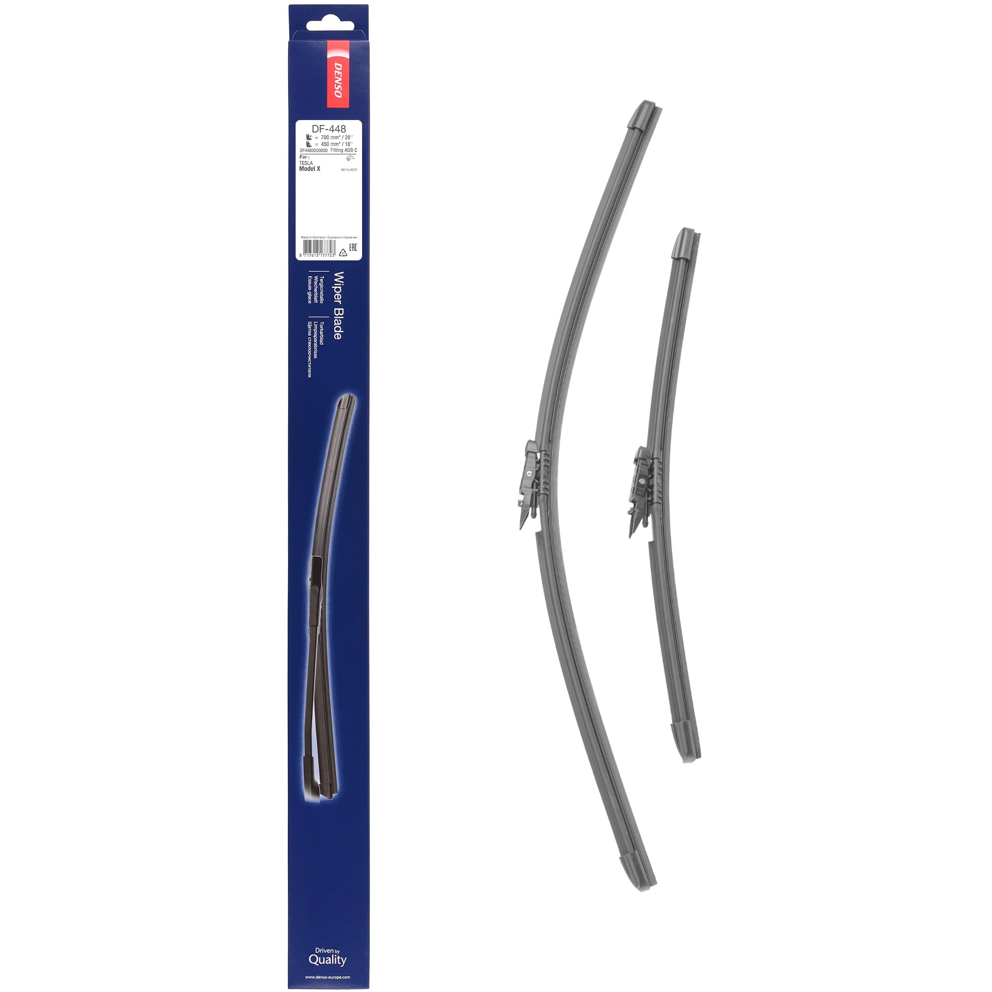 Kit de Escobillas Limpiaparabrisas Planas DENSO (DF-448), 2 Unidades 700/450mm – Vehículos con volante a izquierda – Silenciosas y Duraderas con Diseño Aerodinámico – Escobillas Limpiaparabrisas OEM