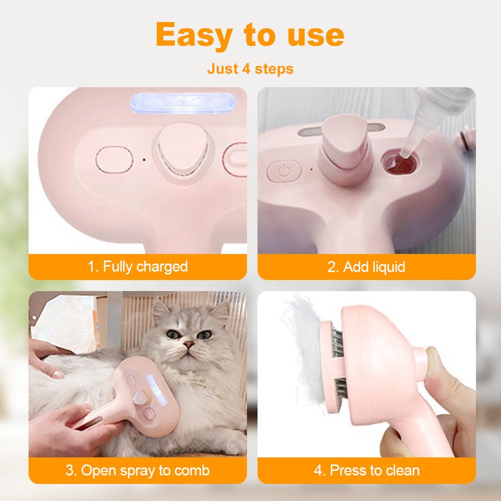 Pet Spray Haarentfernungskamm, 2025 Upgraded 3 in 1 Katzen-Dampfbürste, selbstreinigende Katzen-Dampfbürste, mit Wassertank und Entriegelungsknopf, Haustier-Dampfbürste für Hund und Katze (Rosa)