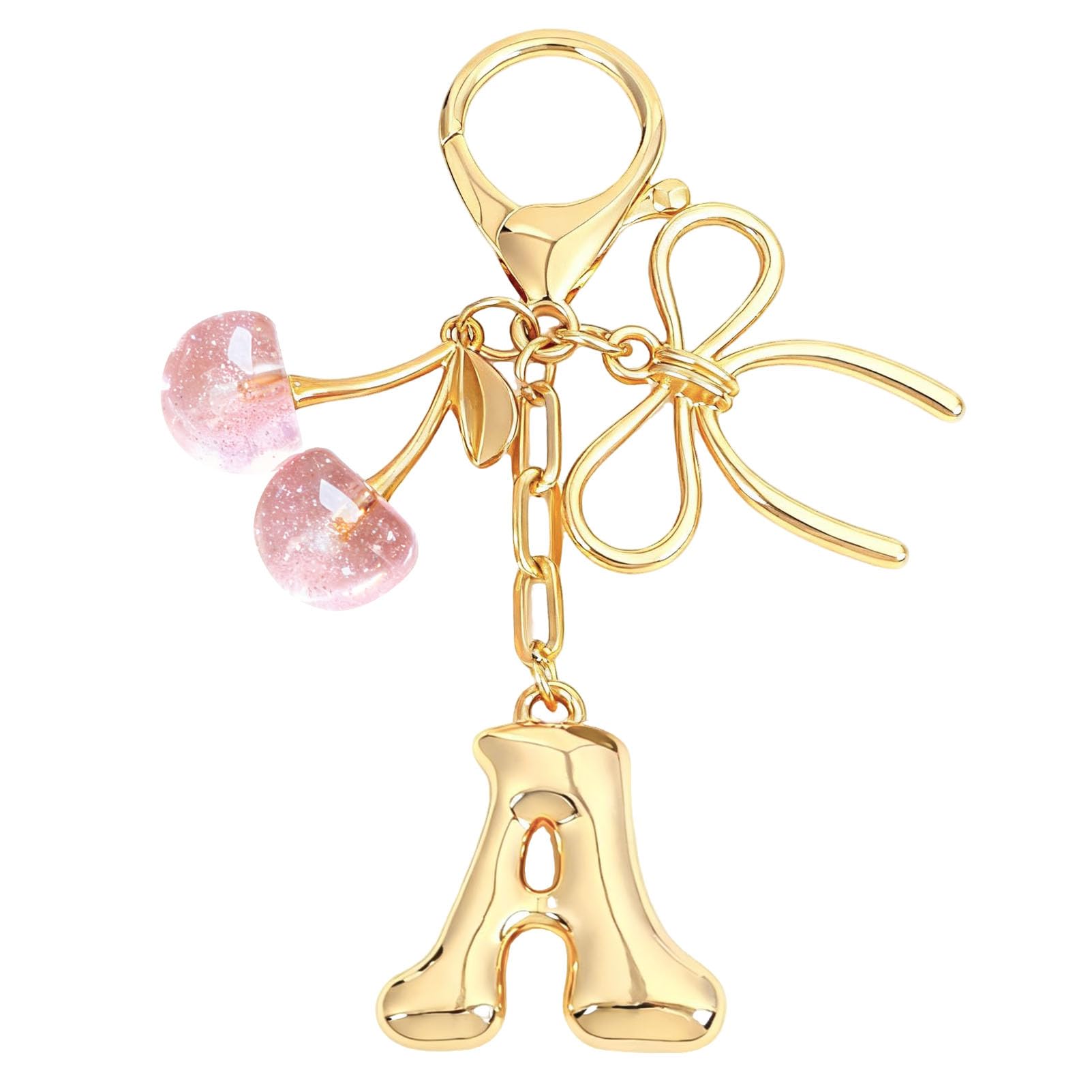 Snylcce Gold Initial Letter A Keychain with Bow & Pink Crystal Cherry Cute Bag Charm for Women Purse Accessories