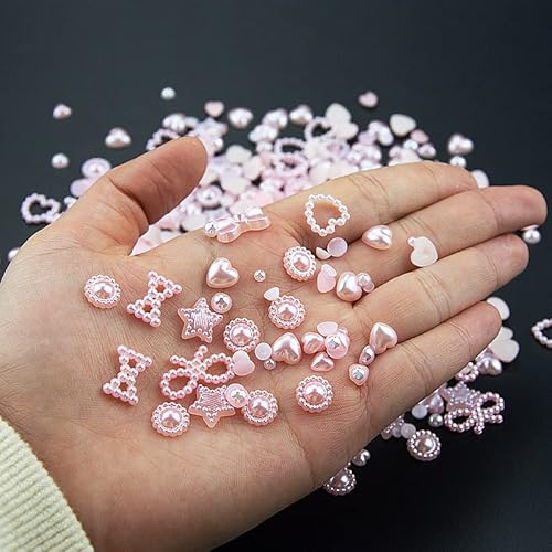 500Pcs Pink Pearls Heart Star Bowknots Nail Charms Mixed Styles Flatback Assorted Cute Pink Pearls Charms Multi Sizes Round Pearls Beads 3D Nail Art Charms For Nail Art Diy Crafts Accessories #TOP3