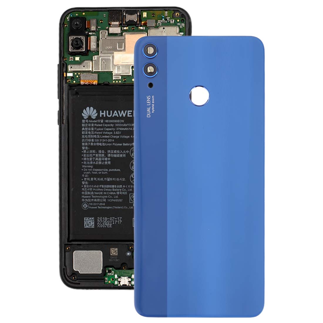 Cache batterie Honor 8X bleu antichoc avec vitre objectif photo intégrée - 7