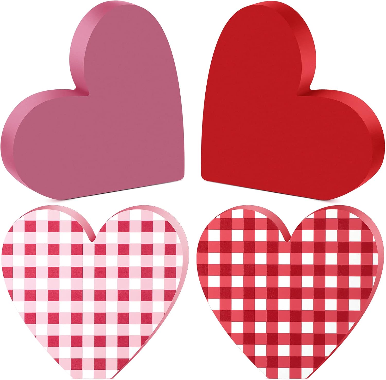 Yookeer 4 Pcs Valentine's Day Decor 5" Large Wooden Heart Table Centerpiece Signs Valentine Red Pink Buffalo Plaid Heart Shaped Wood Block Valentines Day Decorations for Home Kitchen Tiered Tray Decor
