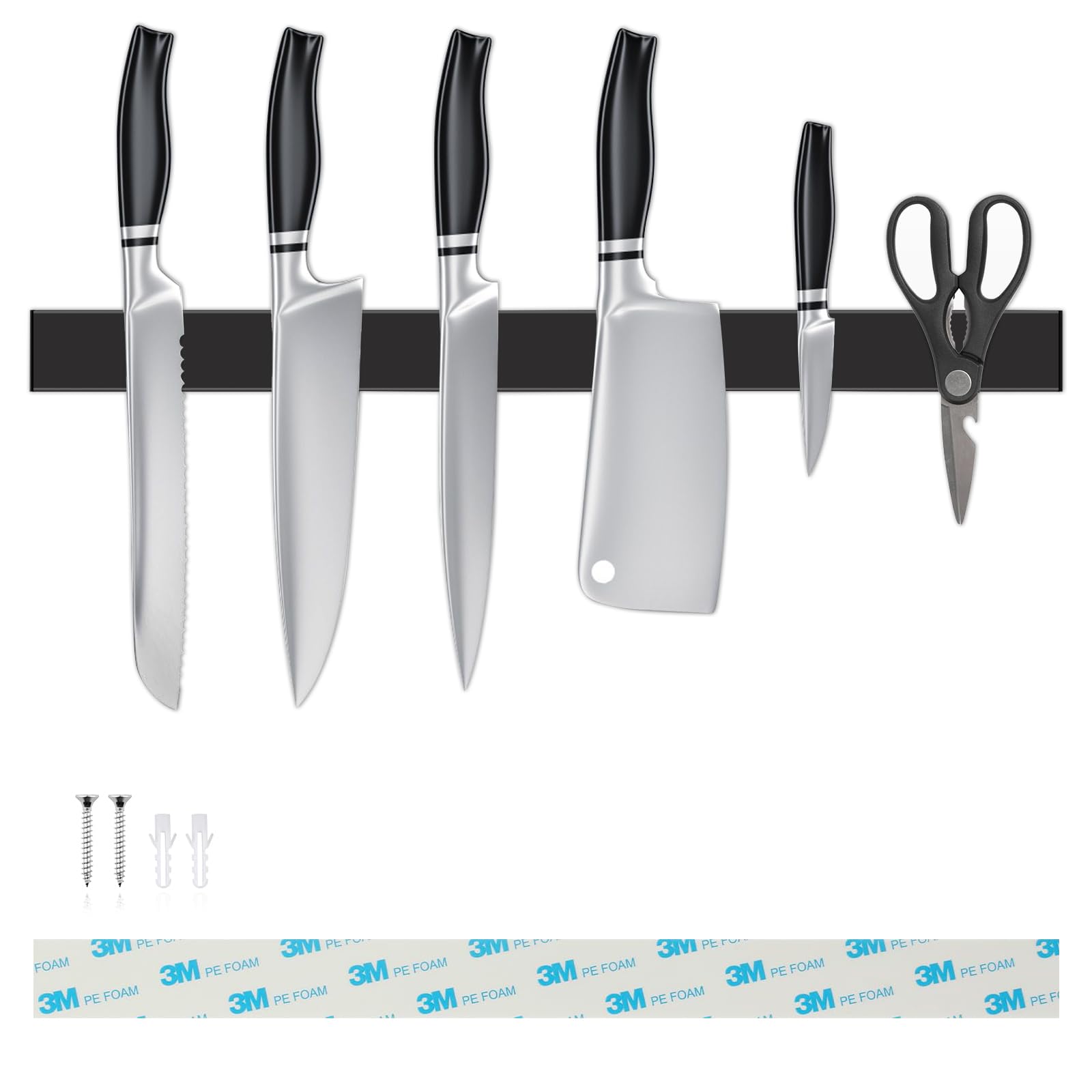 16 Inch Black Magnetic Knife Holder for Wall, No Drilling Adhesive Knife Strip with Powerful Magnet and Expanded Screws, Wall Mount Knife Rack for