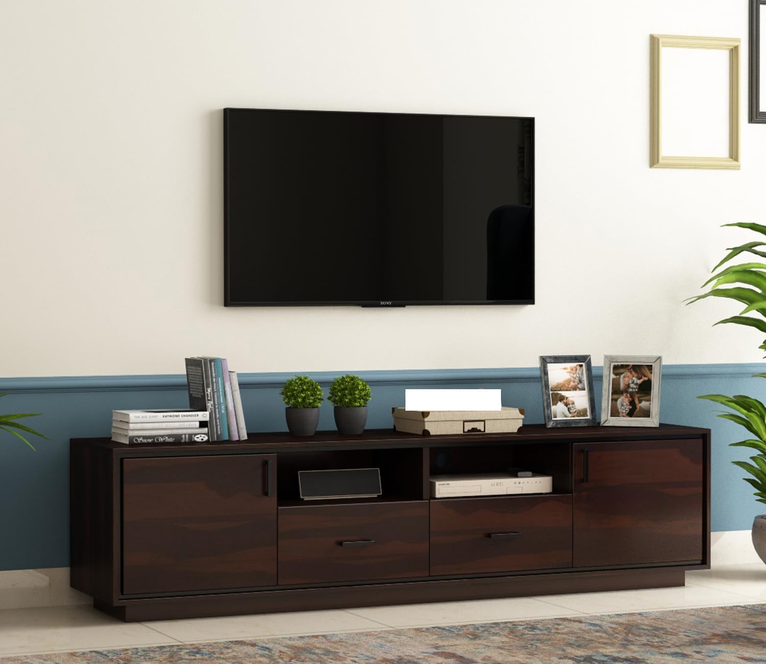 Solid Sheesham Wood TV Unit for Living Room | Media Console Movable Tv Cabinet | Free Standing Tv Unit with 2 Door, 2 Drawer & 2 Shelf Storage | Sideboard Cabinet | Walnut Finish-image-40