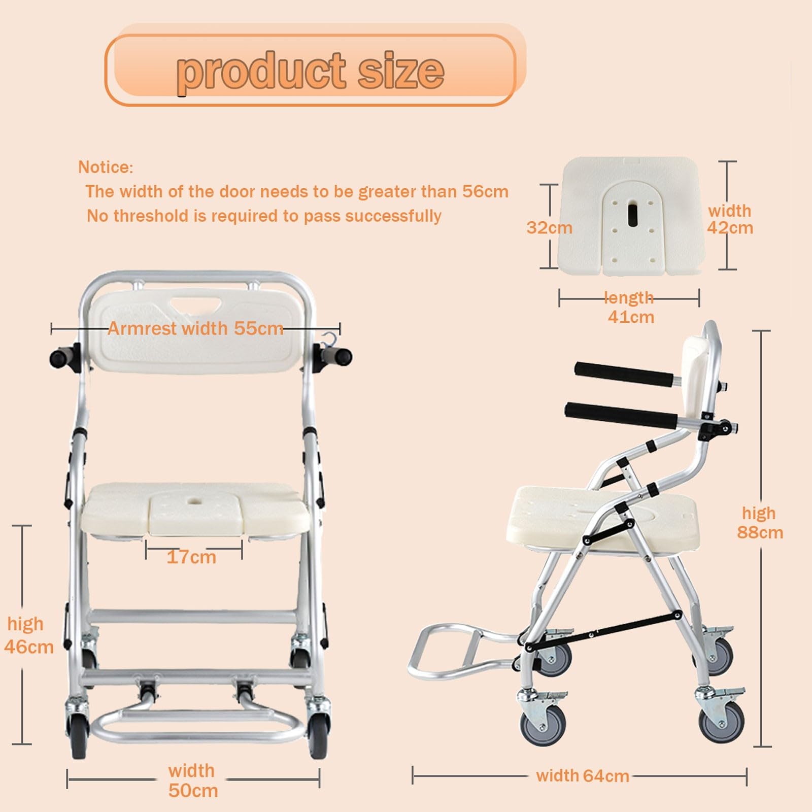 Silla de Ducha con Ruedas Plegable, Silla de Baño para Mayores con Ruedas y Frenos, Taburete de Ducha de Aluminio para Uso de Personas Mayores con un Peso de hasta 120kg