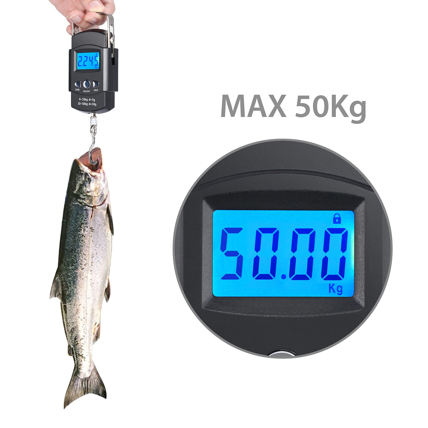 Kinstecks ​​50 kg Fischschuppen Beleuchtetes LCD-Display Tragbare elektronische Waage Digitale Angelwaage Hängewaage mit Maßband Lineal für die Jagd Fischerei Postküche