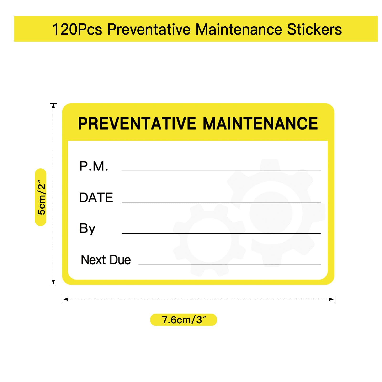 120 calcomanías de mantenimiento preventivo, etiquetas de servicio para equipos, calcomanías de mantenimiento autoadhesivas de 3 x 2 pulgadas (amarillo)