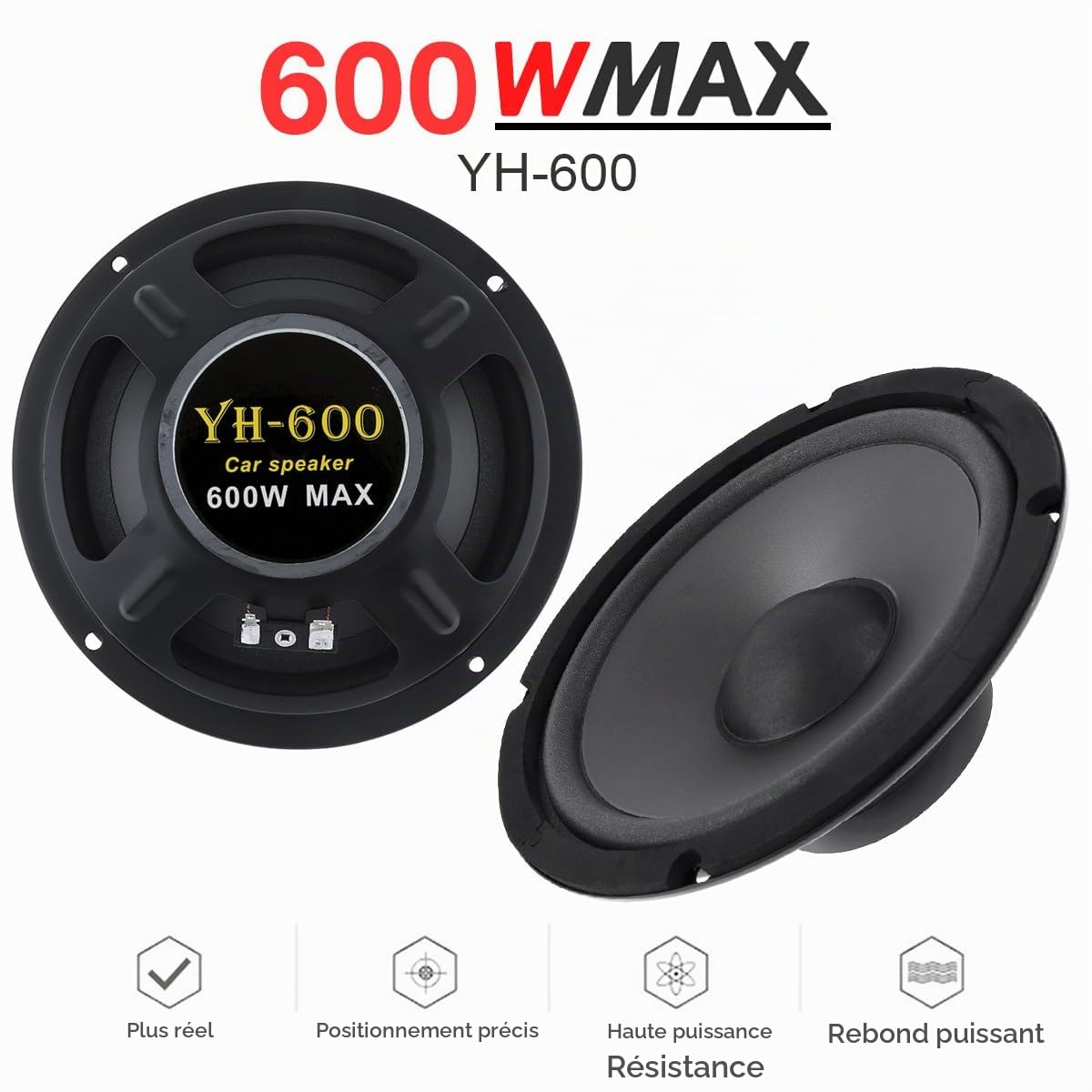 2 pièces Coaxial Car Enceintes de Voiture, Haut-Parleur 6,5 Pouces 600W Car HiFi HiFi Coaxial Enceinte de fréquence complète
