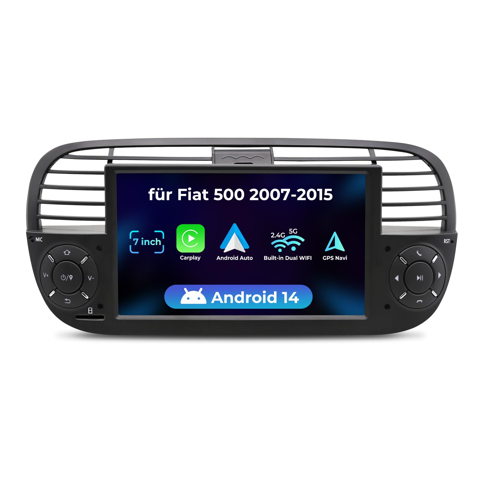 SWTNVIN Android 14 Autoradio para FIAT 500 (2007-2015) Radio para Coche inalámbrica Carplay/Android Auto, Bluetooth 4.1 Soporte GPS Navi DSP/WiFi/FM con Pantalla táctil de 7 Pulgadas (Negro 2+32 GB)