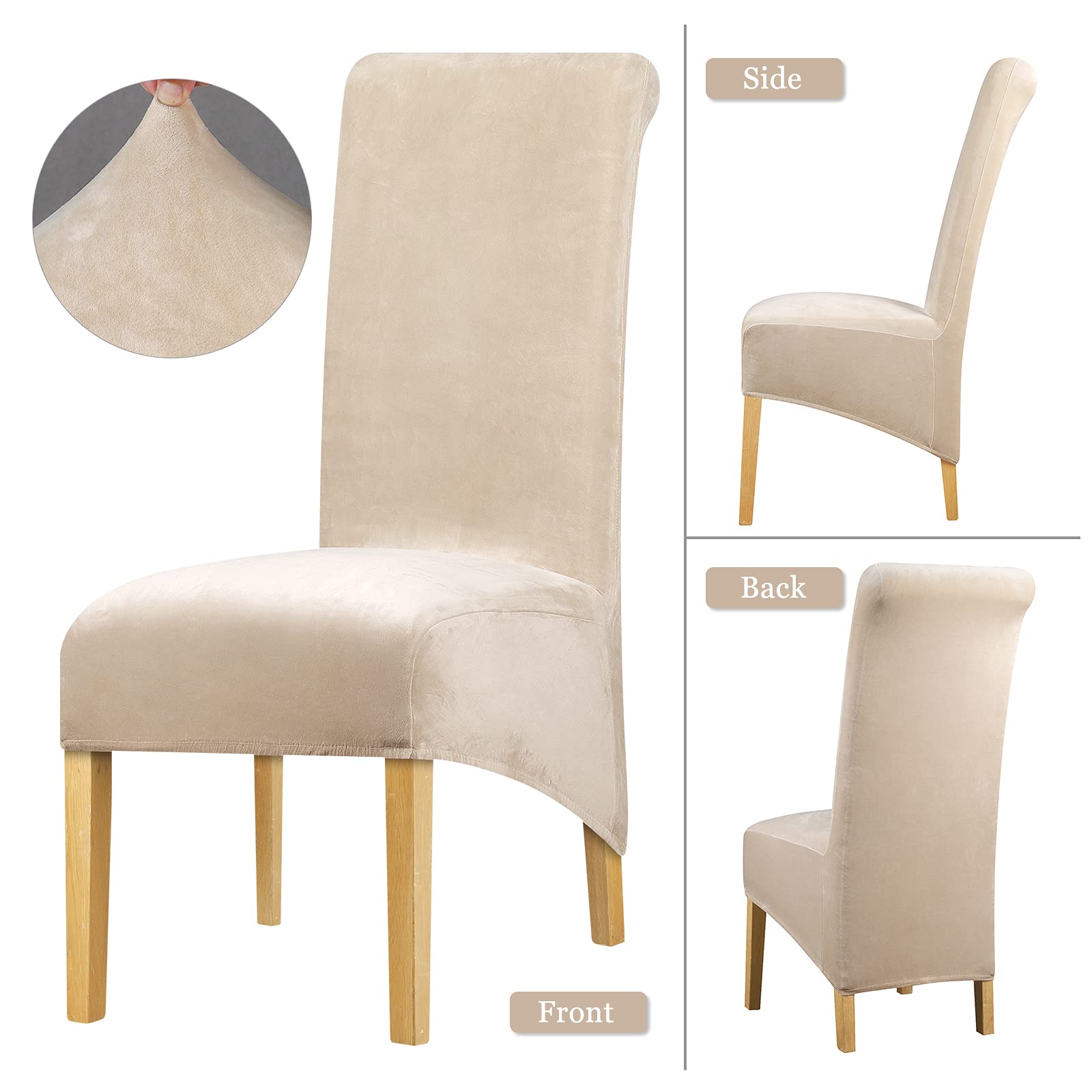 Leorate Velvet Dining Chair Covers Set of 4, Stretch High Back Slipcovers for Dining Chairs Beige Soft Velvet - Image 3