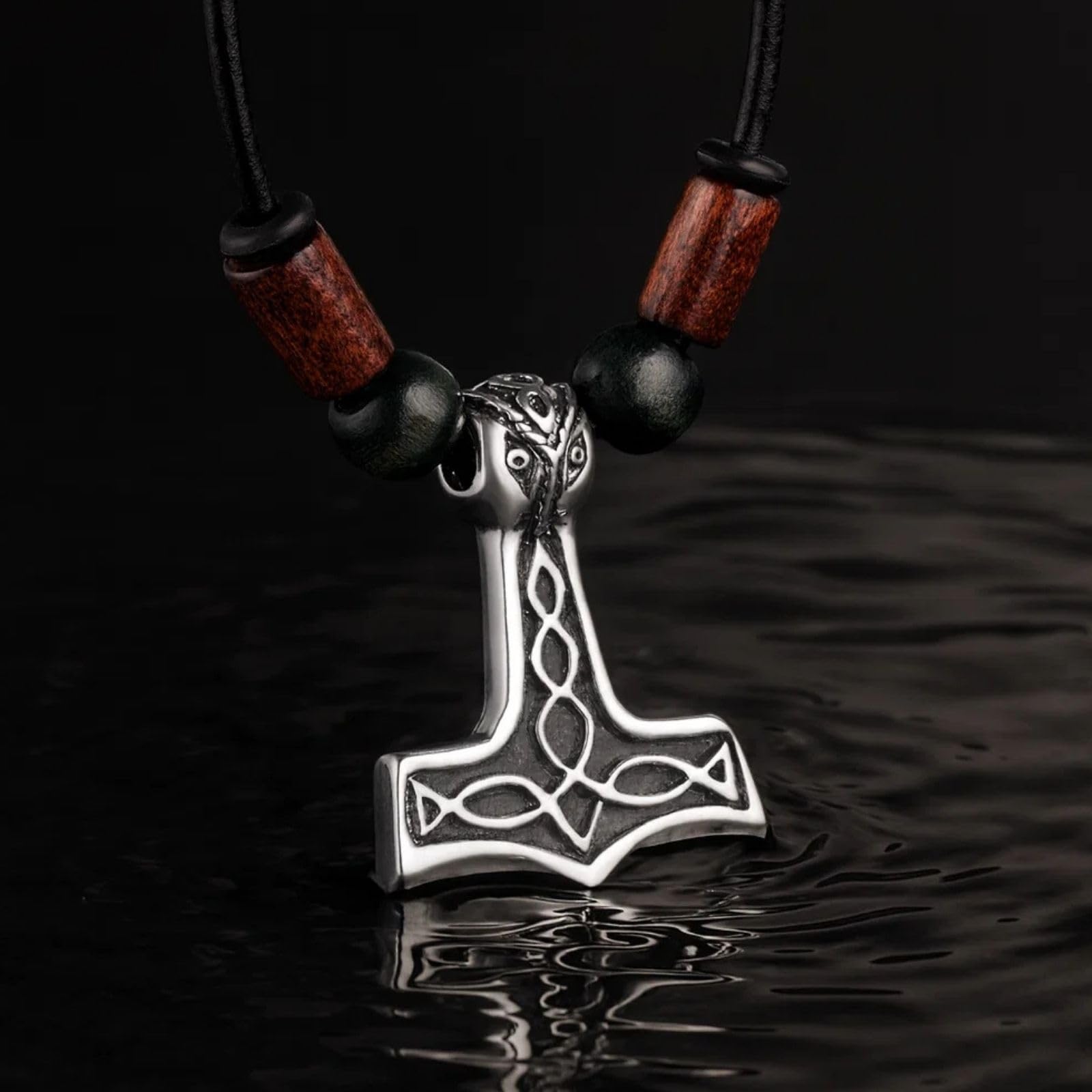 Collar De Cuero Para Hombre Con Colgante De Martillo Vikingo Y Perlas De Madera