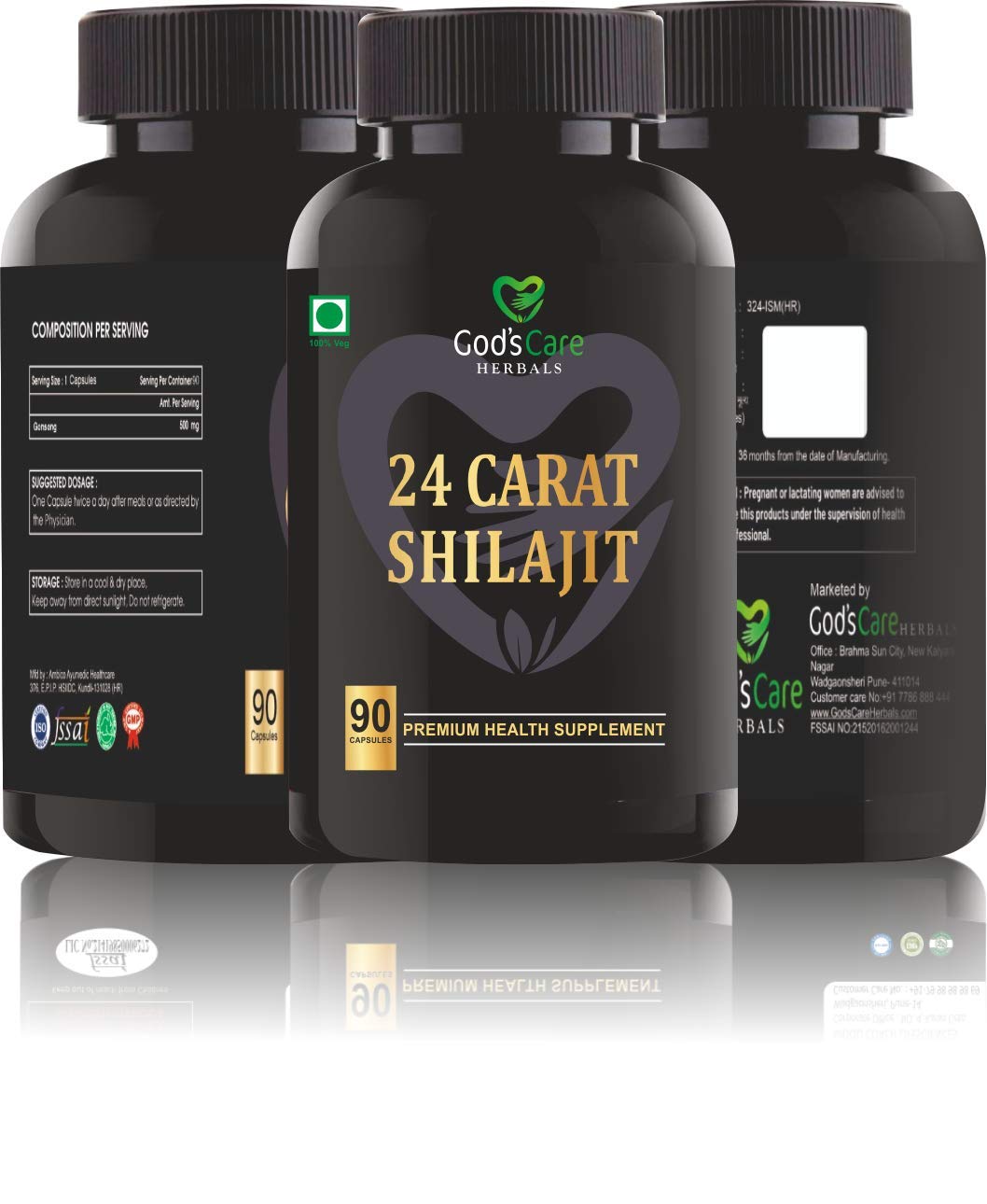 God's Care Herbals Pure,Natural & Ayurvedic Himalyan 24 Carat Shilajit Capsules (90-cap) for Men & Women | 90 Pure Shilajit Tablets