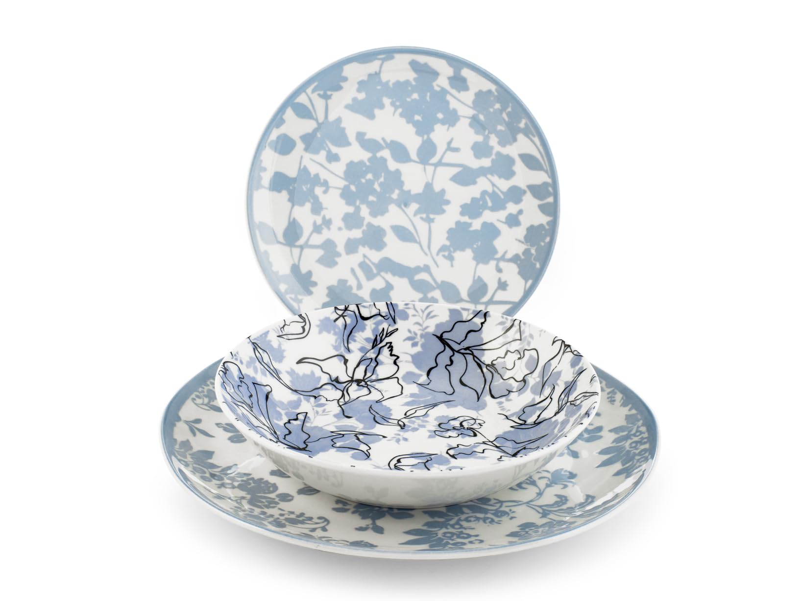H&H Servizio Tavola Celestial 18 Pezzi in Porcellana - Piatti Piani, Fondi e Frutta con Decorazione Floreale Carta da Zucchero - Adatto Lavastoviglie e Microonde