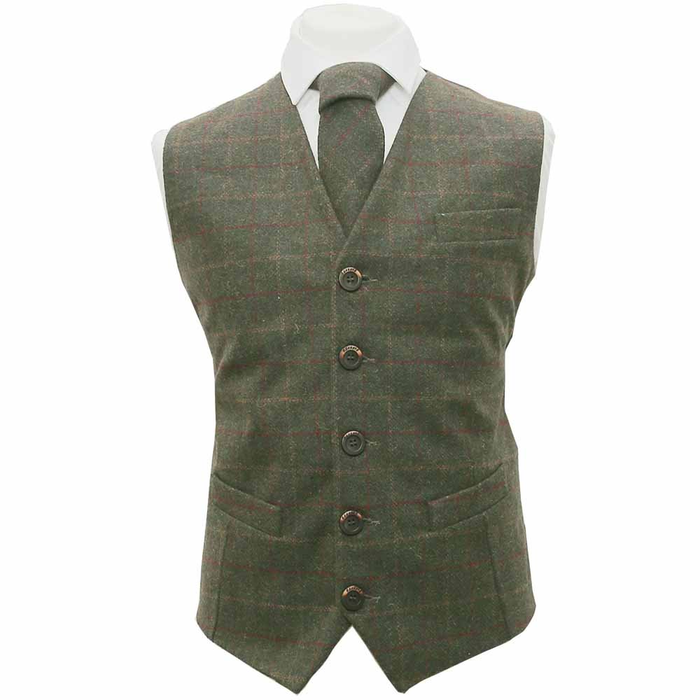 King & Priory Heritage Check Moss Green Waistcoat & Tie Set - 2XL | 46in Chest