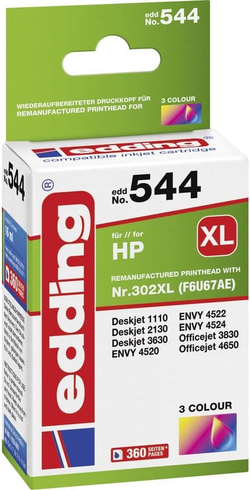 edding Edd-544 Ink Cartridge Replaces HP 302XL (F6U67AE) - 3 Colours - 16 ml