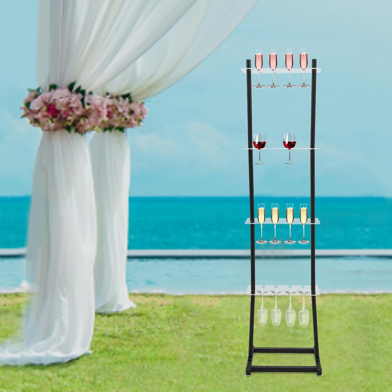 Champagne Glass Holder, 4 Tiers Champagne Rack 32 Champagne Glass Stemware Rack 44.09 Lbs Capacity Wine Glasses Stand Acrylic Champagne Wall Stand for Wedding, Birthday, Party, Bars