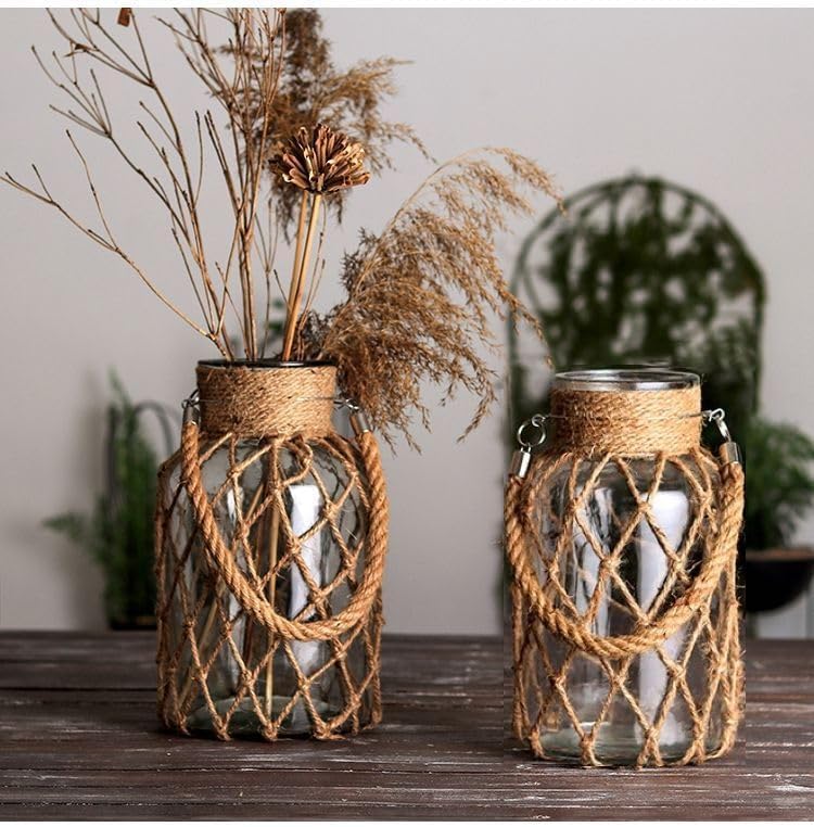 Set of 2 Rattan Hanging Mason Vase - Decorative Jars With Rope for Wedding Party Table Sea Beach Decor (2 Vases 8'') - Image 2