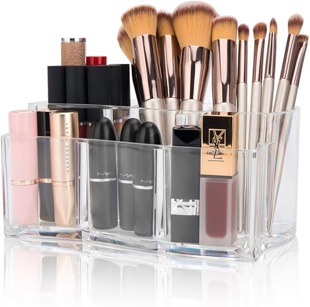 Tompig Make-up Organiser Acrylic Makeup Brush Organizer Clear Makeup Brush Holder 6 Slots Makeup Cosmetic Box Storage Case Fits Lipsticks, Makeup Brushes and Perfume for Dresser, Bedroom, Bathroom