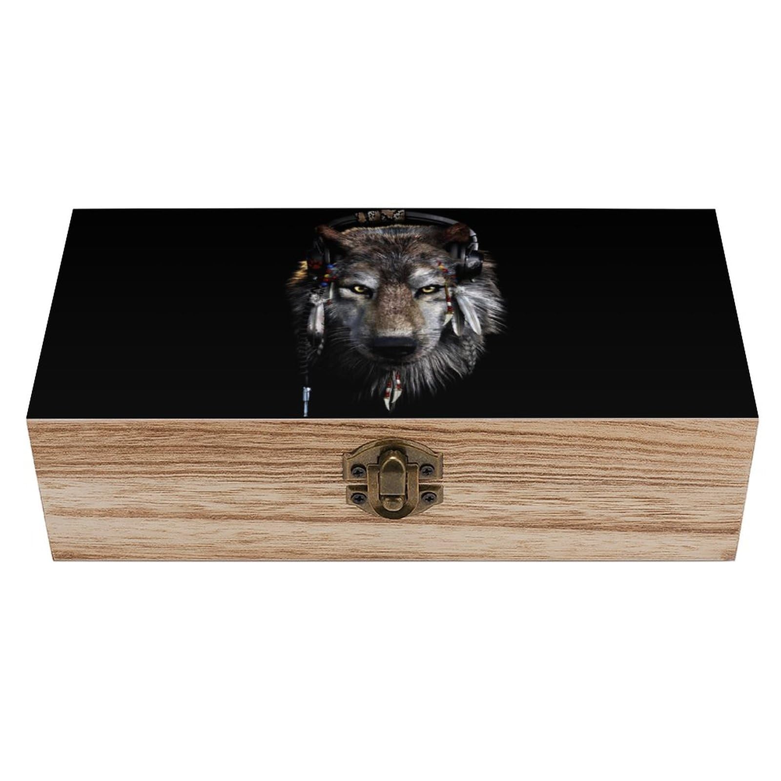 Zenladen0200Native American Wolf Wood Jewelry Box Dust-Proof Wooden Jewelry Organizer with Front Clasp for Keepsake Gifts Home Decoration