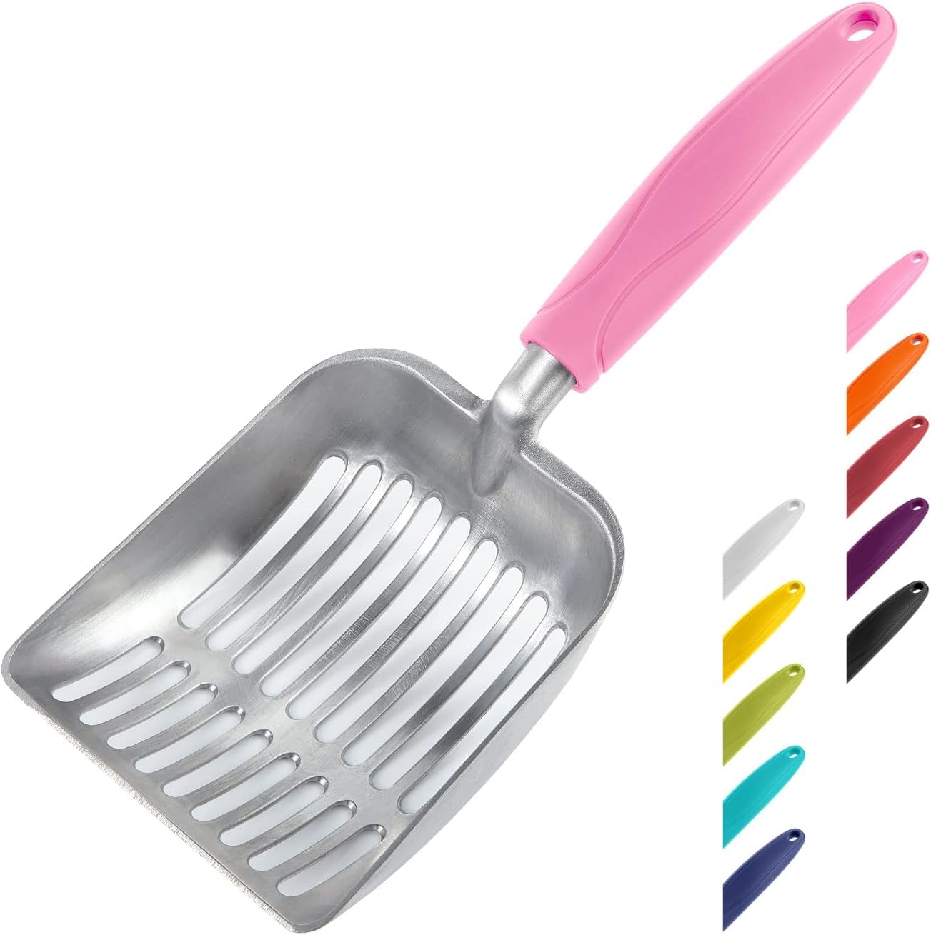 WePet Small Cat Litter Scoop, Aluminum Alloy Sifter, Kitty Metal Scooper, Deep Shovel, Long Handle, Poop Sifting, Kitten Pooper Lifter, Durable, Heavy Duty, Flat Aluminum with Pink Handle