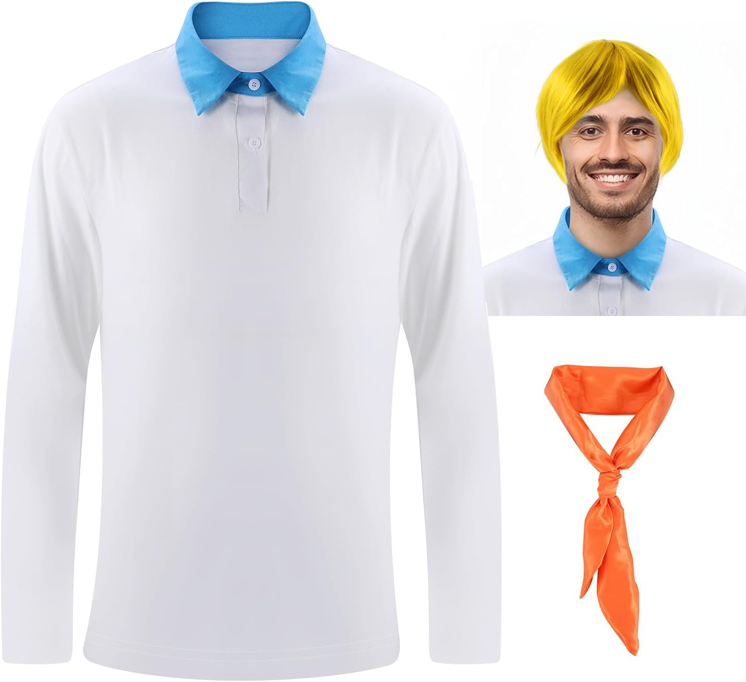 Halloween Costume Fred Outfit Shirt,Long Sleeve Novelty Shirts Tops and Gold Wig Orange Scarf, Character Cos Large