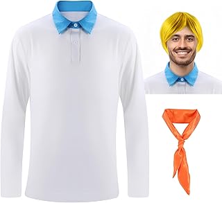 Halloween Costume Fred Outfit Shirt,Long Sleeve Novelty Shirts Tops and Gold Wig Orange Scarf, Character Cos