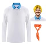 FONYFA Halloween Costume Fred Outfit Shirt,Long Sleeve Novelty Shirts Tops and Gold Wig Orange Scarf, Character Cos