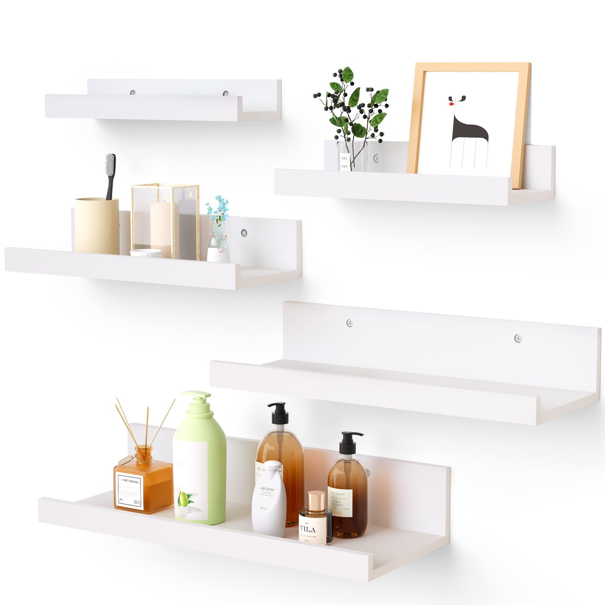 upsimples Estantería de pared blanca flotante, juego de 5 estanterías de pared para habitación de los niños, listón de diferentes tamaños, estante para salón, dormitorio, tablero de pared blanco.