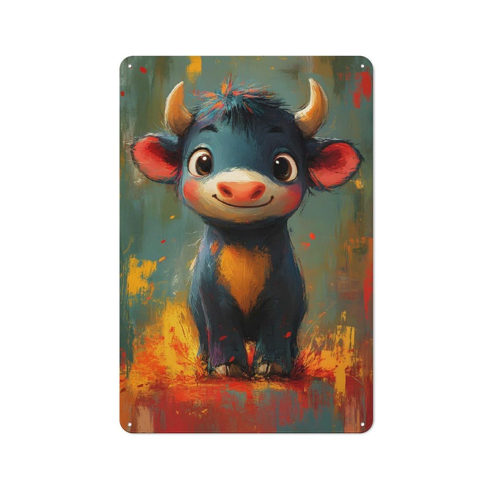 Junmoney Cute Oil Paint Cartoon Bull Vintage Metal Sign With Design 30X20cm, Vintage Bar Wall Plaque For Cafe, Pub, Workshop Or Home Bar