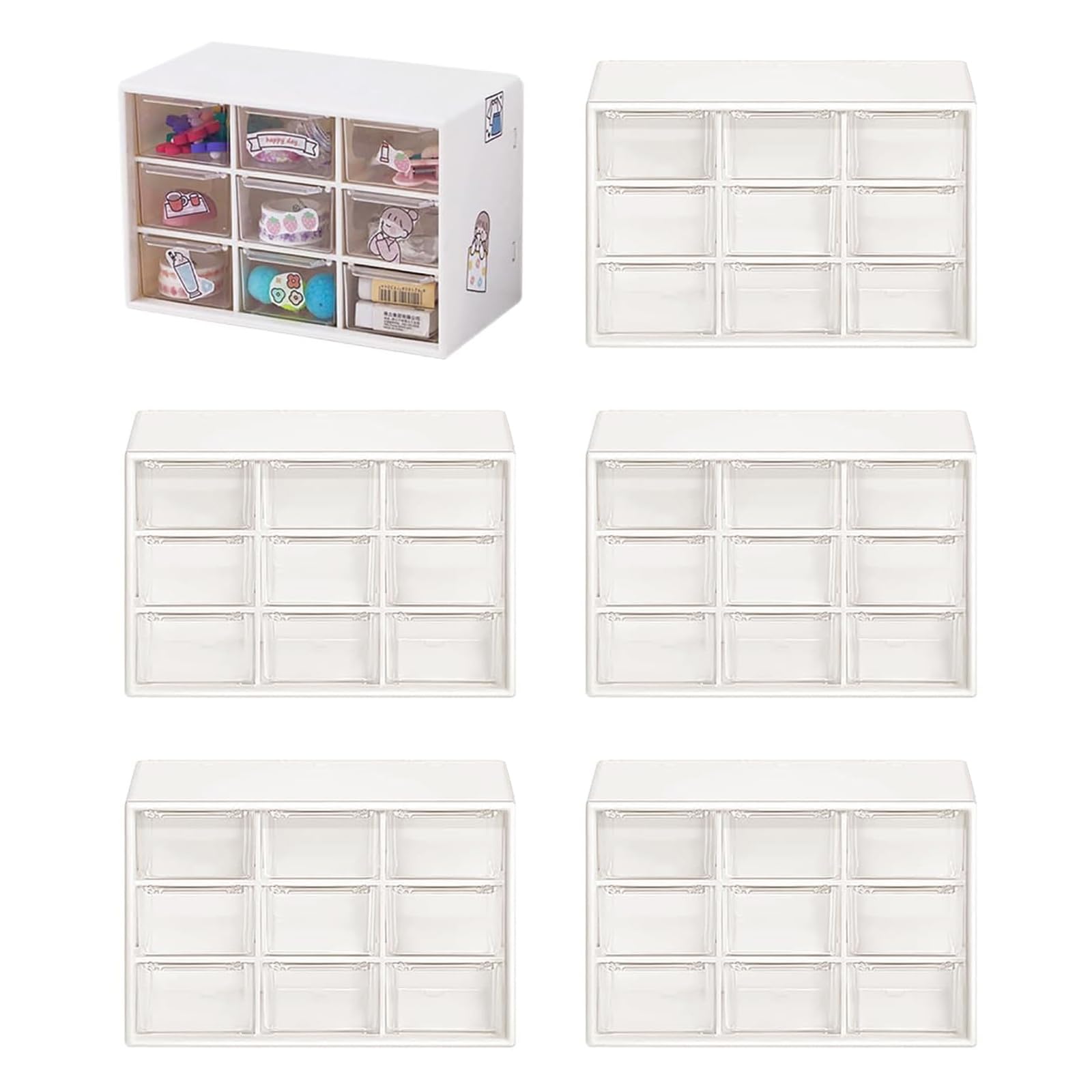 Voittozege 6 Pcs Small Drawer Organizer for Desk Mini Desktop Drawers Plastic Desktop Storage Box with 9 Clear Drawers for DIY Art Classroom Office Supplies, Dust-proof (White)
