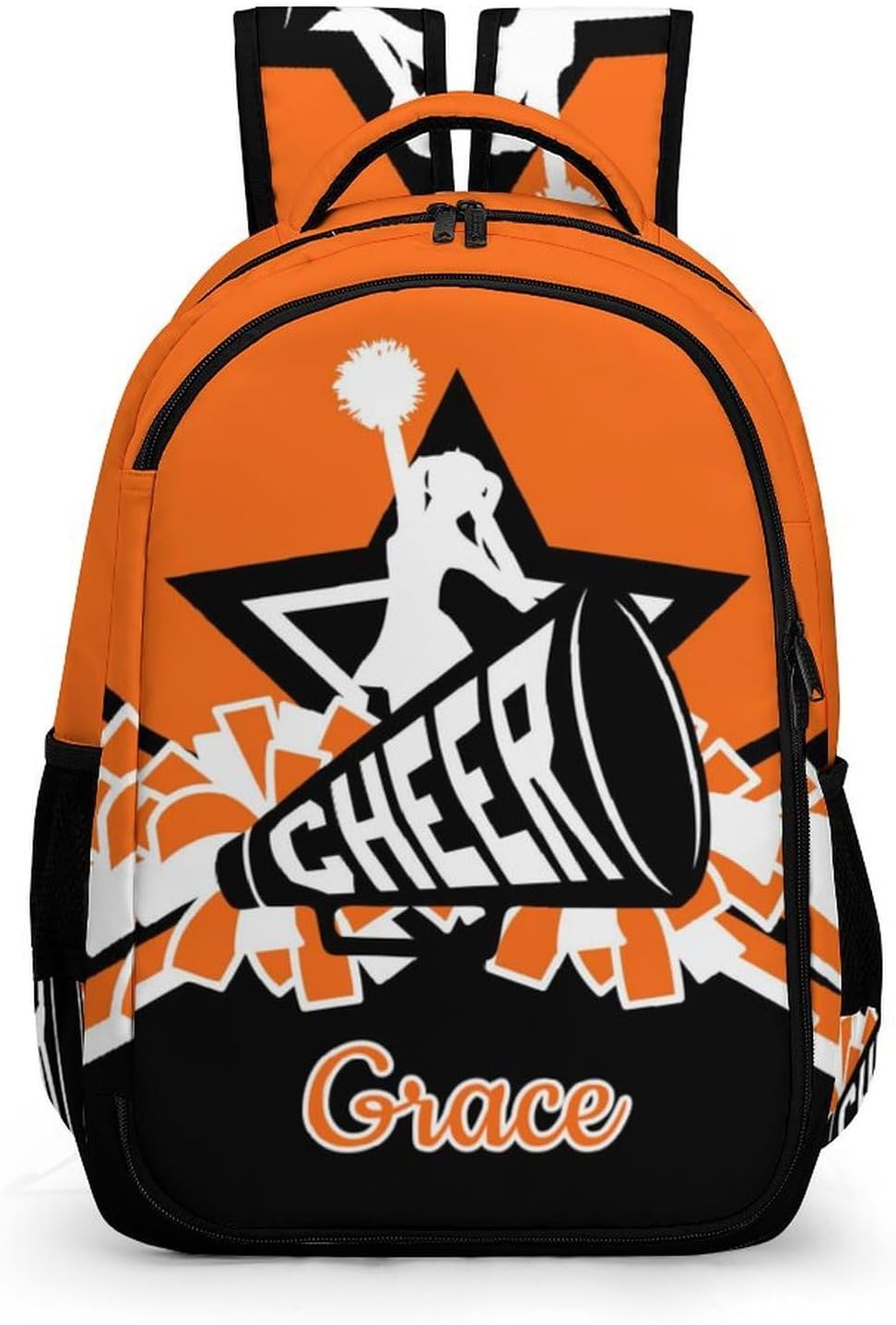 Cheer Cheerleader Backpack Cheerleading BookBag Custom with Padded Bag Name Cheer Team Spirit Gym Bag for Girls Teens, Water-Resistant School Backpack(Orange Black)