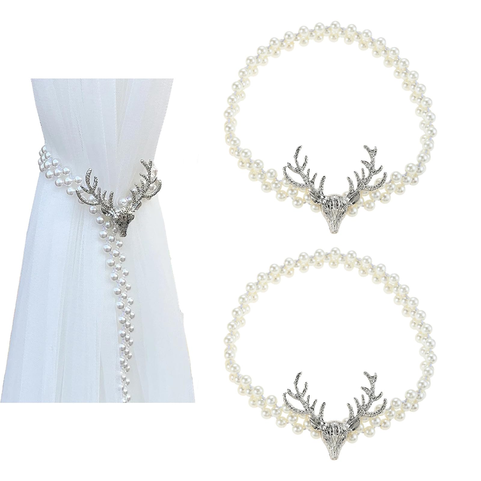 Hicello Silver Elk Curtain Tiebacks, Pair Of Pearl Stretch Tie Backs, Decorative Curtain Holdbacks Drapery Stretch Rope