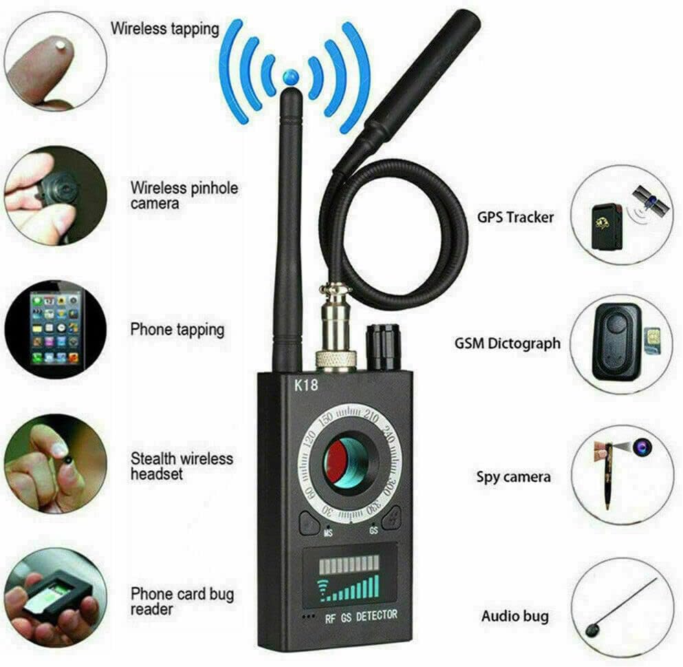 ZCMMF K18 Anti Spy Detector identifying various types of hidden devices it can detect, including wireless tapping, wireless pinhole cameras, phone tapping, GPS trackers, GSM dictographs, stealth wireless headsets, phone card bug readers, spy cameras, and audio bugs.