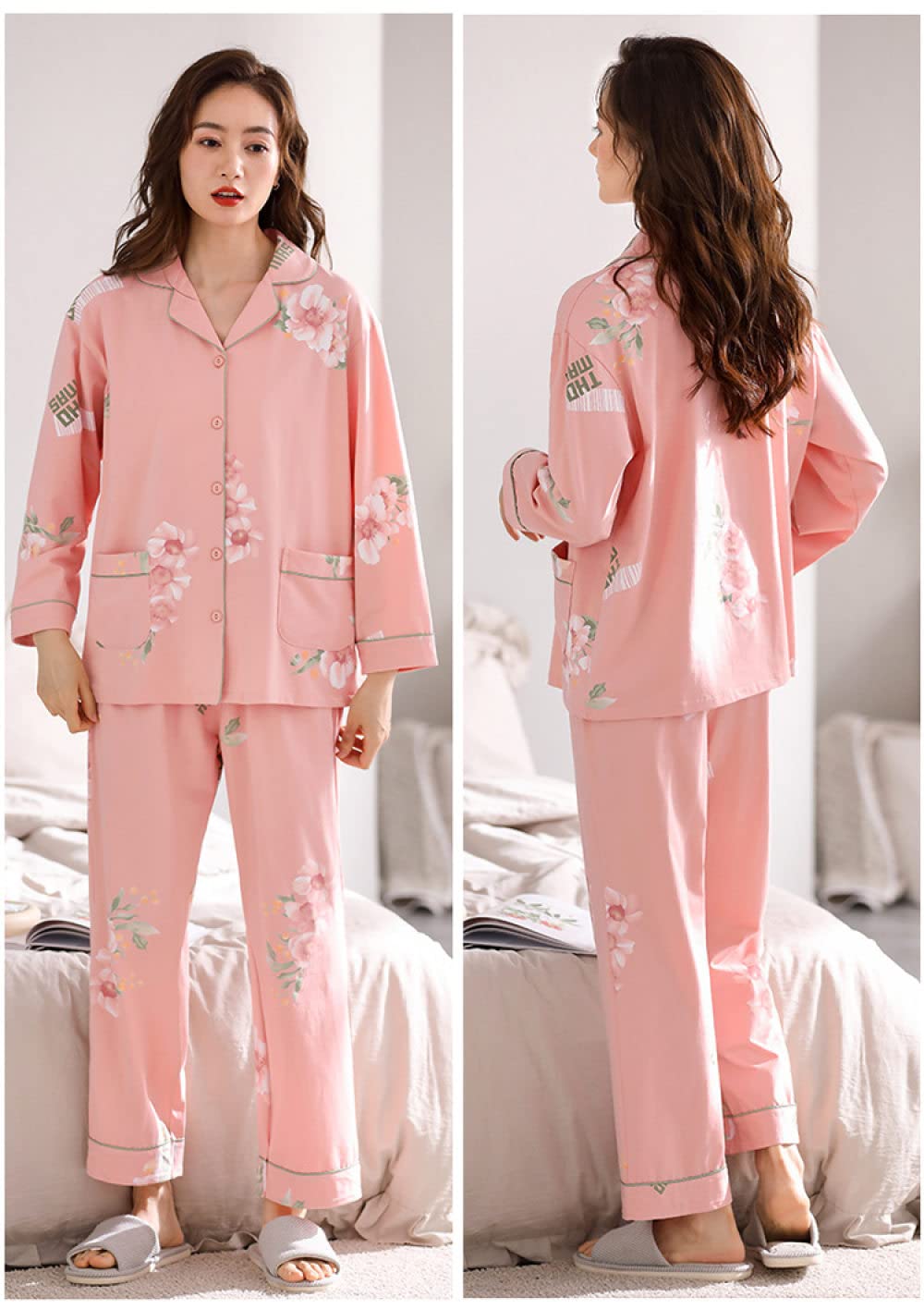 Pijamas Mujer Invierno,Conjuntos De Pijama De Algodón Para Mujer Botón De Solapa Rosa Bolsillo Estampado De Flores De Peonía Moda Acogedor Cálido Manga Larga Pjs Top Amp; Bottoms Set Loungewear
