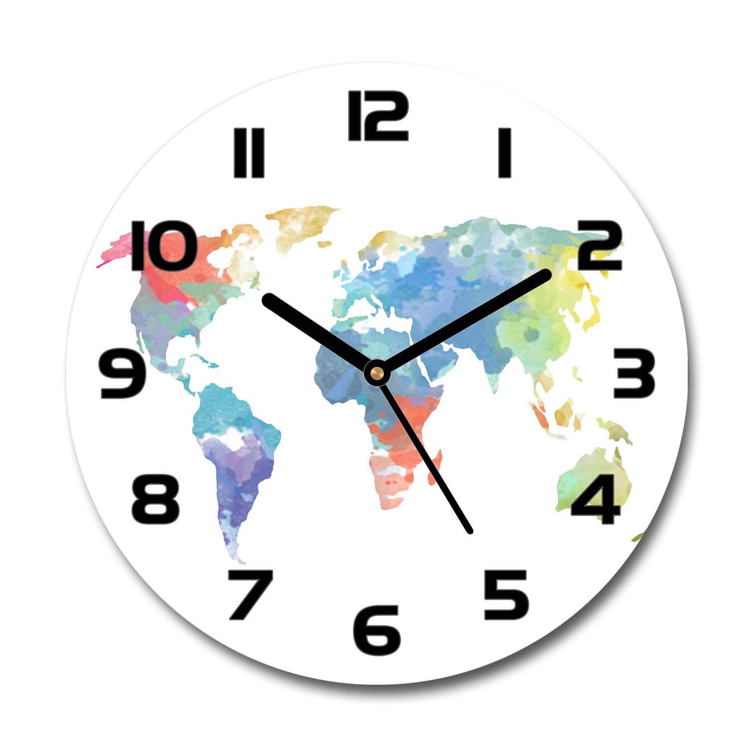 Horloge en Verre 60x60cm Silencieuse Design Tulup Salon Carte du Monde