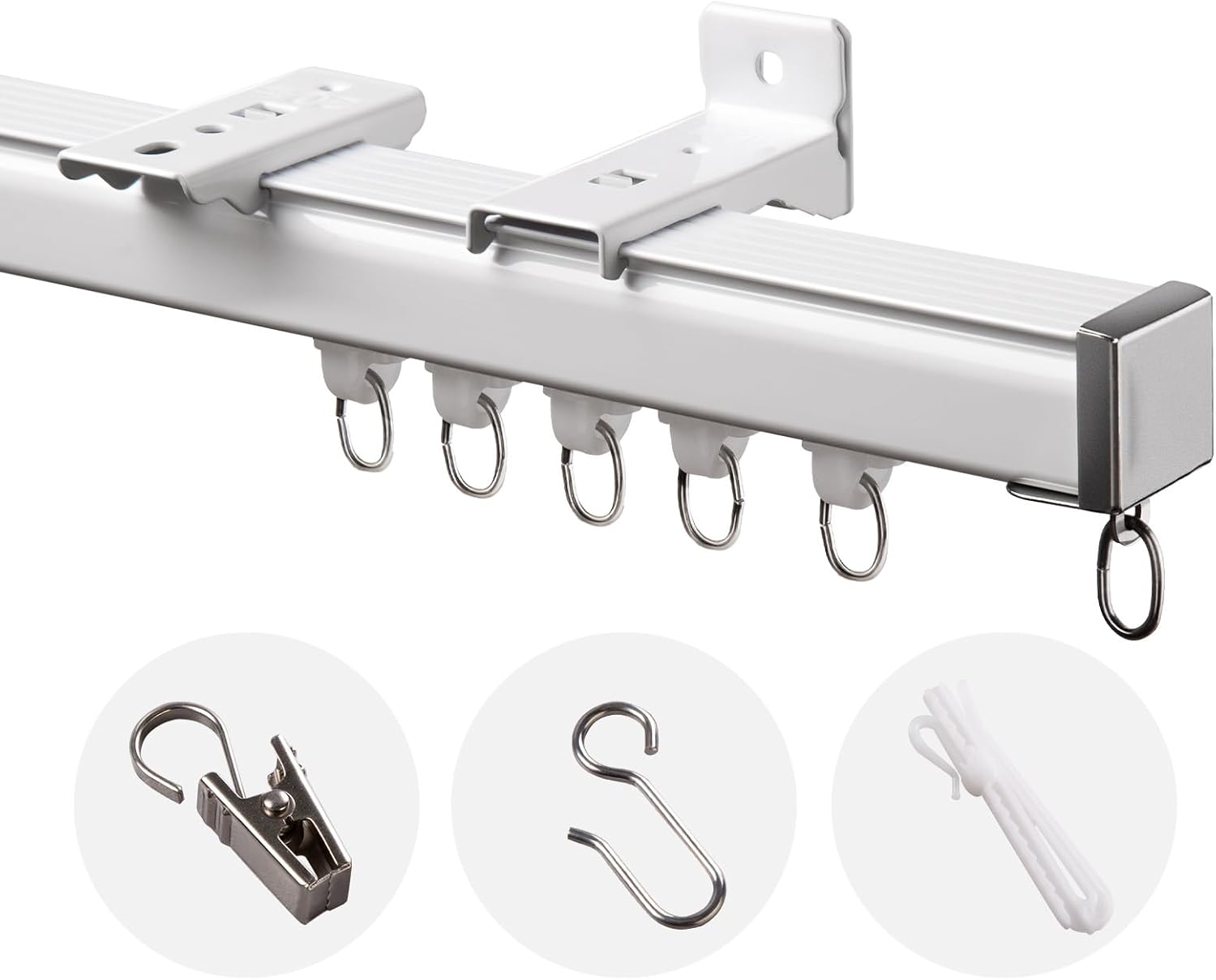 Ceiling Curtain Track featuring Silent Strip, Ceiling/Wall Mount Curtain Rail with Three Types Hooks for Bedroom Living Room Bathroom, 6ft - 9ft, White 6-9ft White