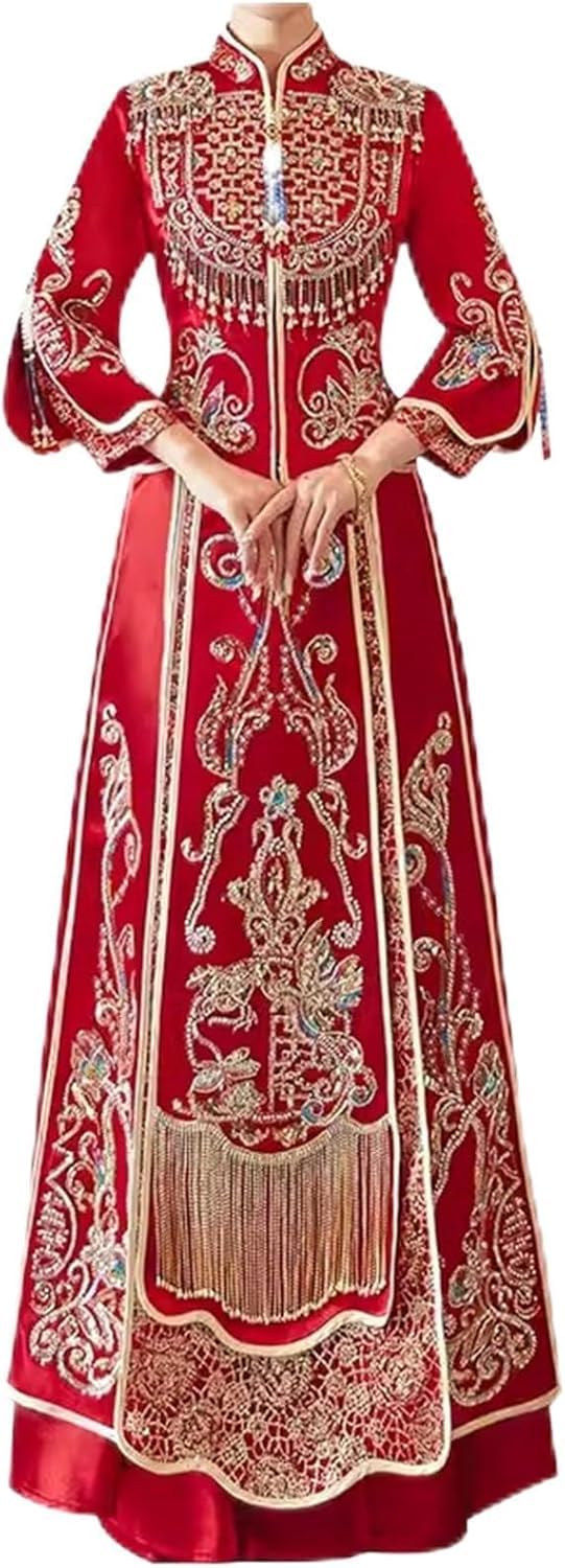 VDLLQYN, Satin Finish Chinese Wedding Dress Gorgeous Embroidered Tops Qipao Suit for Occasions Such As Marriage Engagemen,Chinese Wedding Dresses(Style1_8XL)