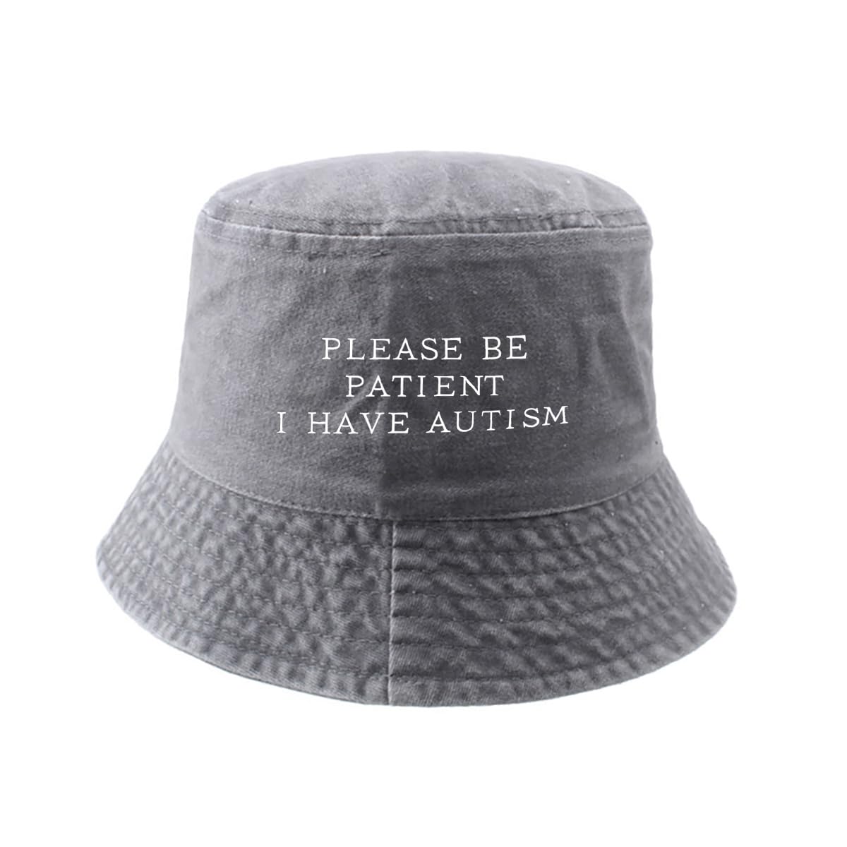 Van Der Linn Embroidered Please BE Patient I Have Autism Denim Fisherman Bucket Hat (Light Grey)