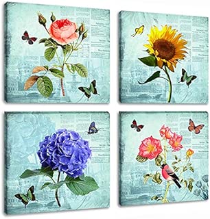 4 Panels Abstract Flower Picture Artwork Contemporary Rose Floral Paintings Butterfly Animal Wall Art Print on Canvas for Living Room Home Decoration - coolthings.us