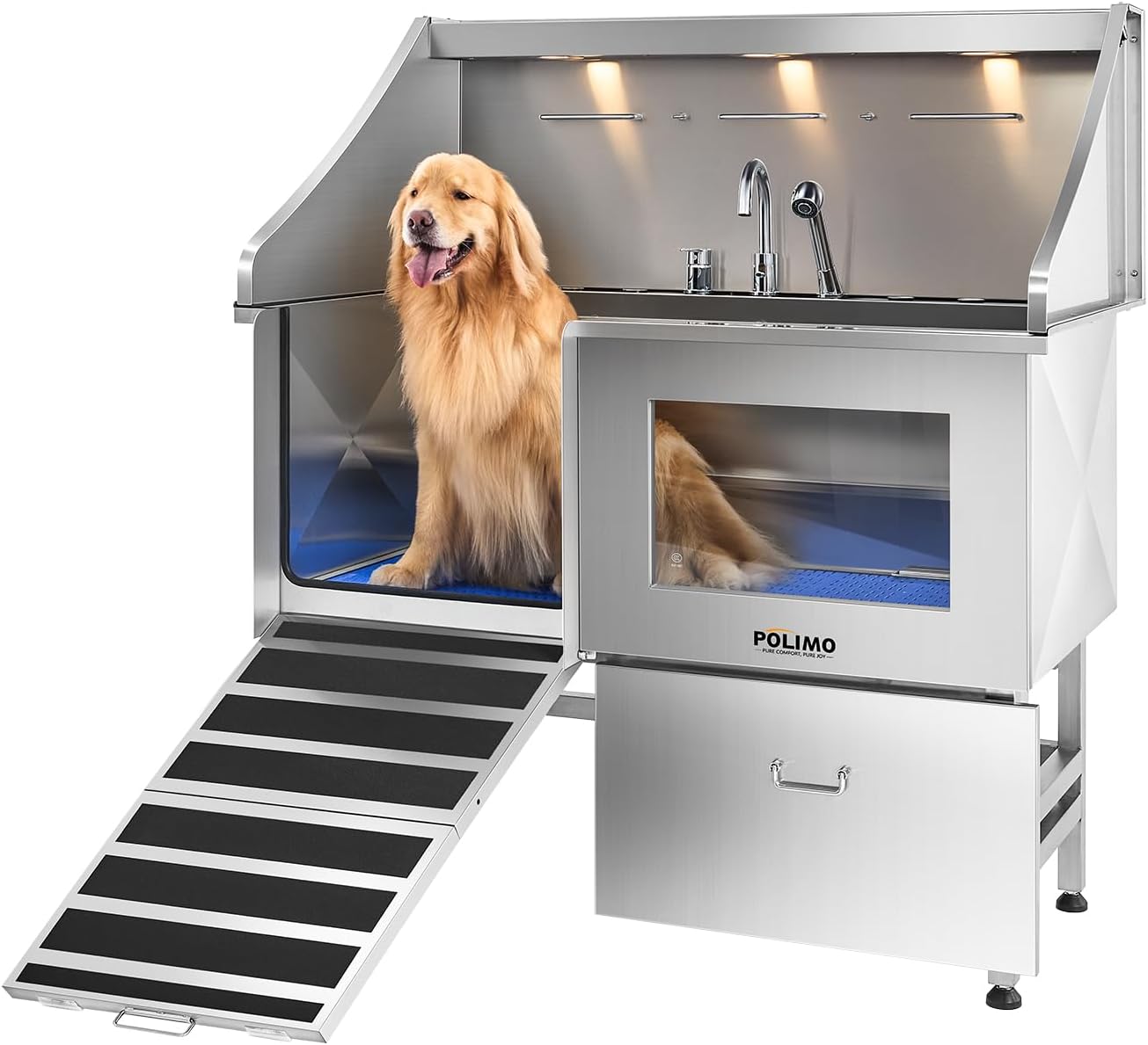 POLIMO Dog Washing Station with LED Display 50" (Left Ramp), 304 Stainless Steel Dog Bathtub for Large Medium Small Dogs, Professional Pet Grooming Tub with Faucet, Storage Drawer, Floor Grate, Window