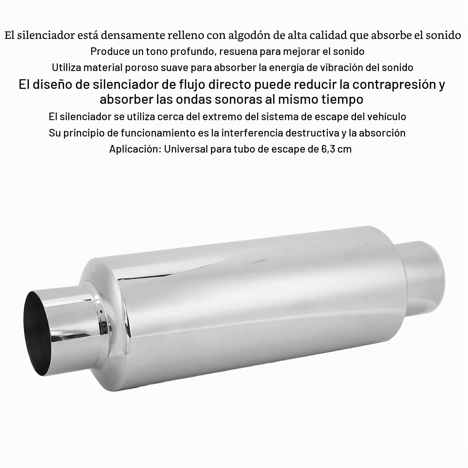 Silenciador de Escape Universal de Acero Inoxidable, 2.5 Pulgadas, para Motocicleta y Automóvil, Amortiguación de Ruido y Absorción de Vibraciones