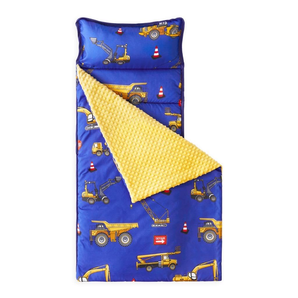 Wake In Cloud - Toddler Nap Mat with Pillow and Minky Fleece Blanket, for Kids Boys Girls in Daycare Preschool Kindergarten, Roll Up Sleeping Bag, Car Excavator Blue, Standard Size