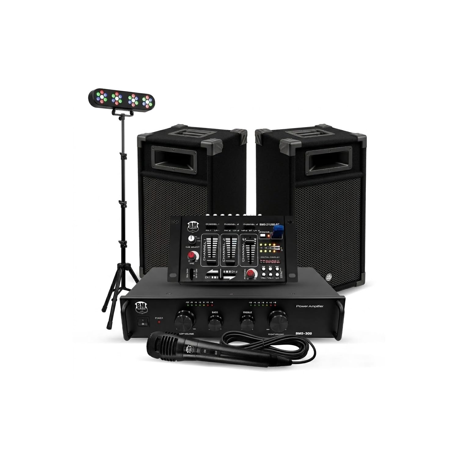 BM Sonic Kit Sonorisation DJ 300W BMS-DJ300 Enceintes Ampli Table de Mixage Bluetooth USB Micro Clé USB 32Go