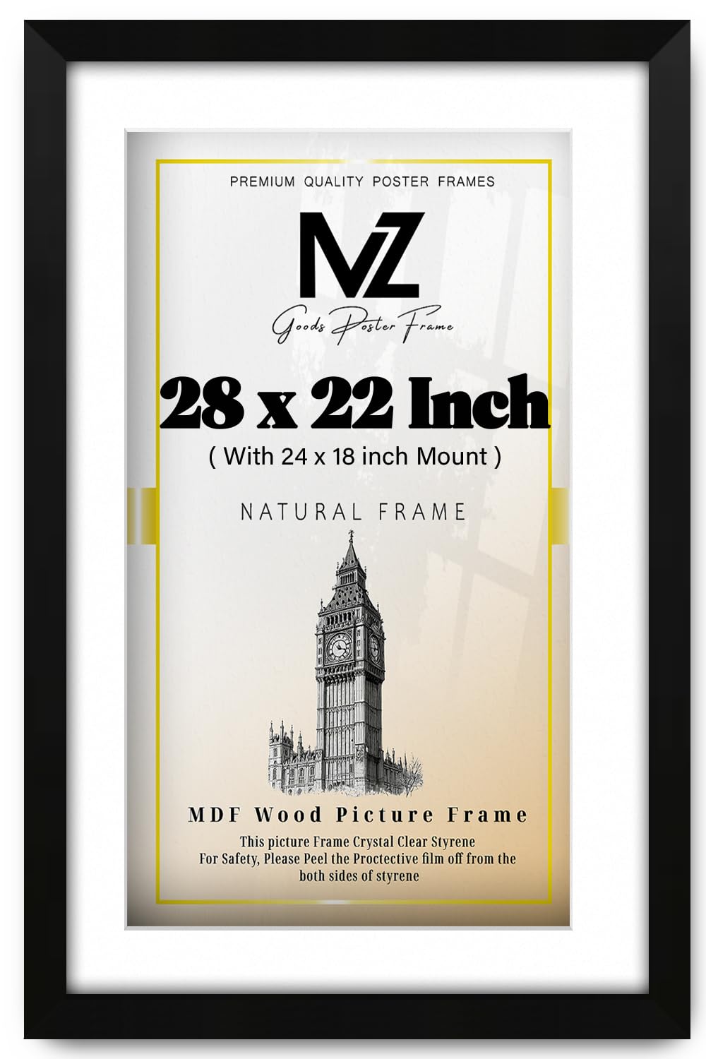 MZ GOODS | MDF Decorative Certificate Frame (60.96 x 45.72 cm) With 457.2 x 304.8 mm White Mount Engineered Wood | 16 Inch x 24 Inch Award, Art Print, Home & Office Decor [ Matt Black ]
