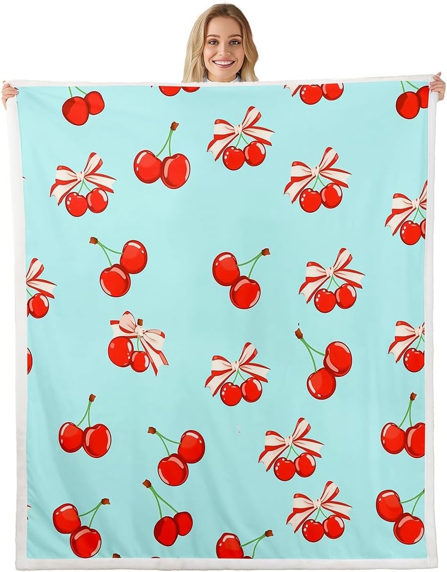 Feelyou Cherry Plush Blanket for Bed Sofa Couch Cartoon Cherry Sherpa Blanket Boys Girls Pink Bow Plush Blanket for Bed Sofa Couch Blue Pink Fuzzy Blanket Twin 60"x80"