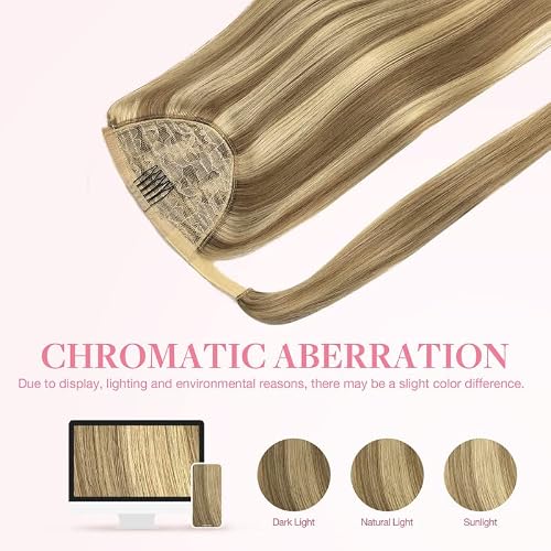 Goo Goo Ponytail Extension, Long Straight Wrap Around Clip In Handmade Real Human Hair For Women,Hair Piece Pony Tail Hair Extensions Hairpieces For Girls, Light Blonde Highlighted Golden Blonde, 75G 14Inch #TOP5