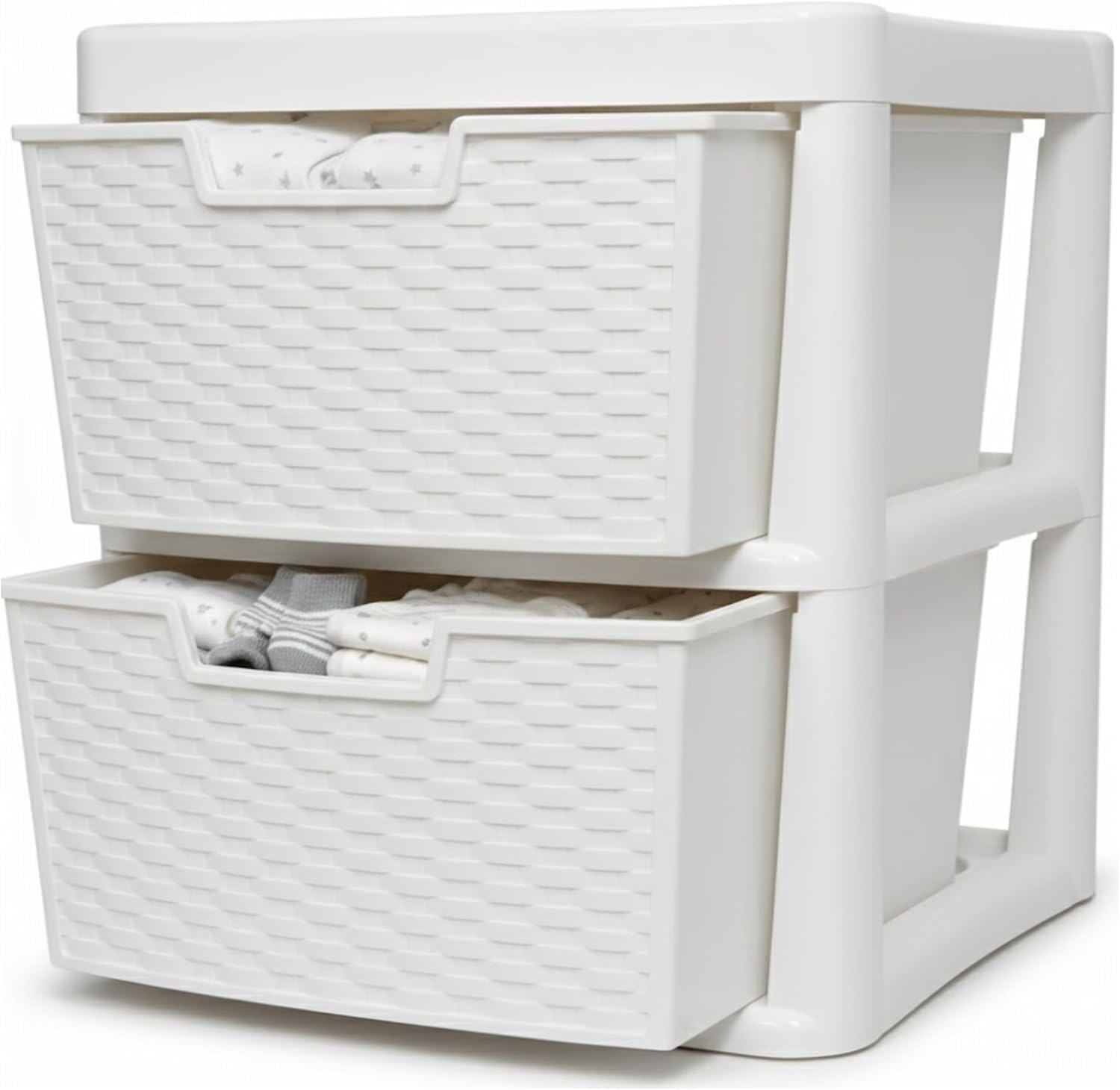 KYY'Z Large Drawer Storage Unit Tower Rattan Effect Large Organizer Chest Tower Unit Cabinet Trolley Home Bedroom Kitchen Office School Garage 39 (D) x 39 (W) x 43 (H) cm (White, 2 Tier) — image 1