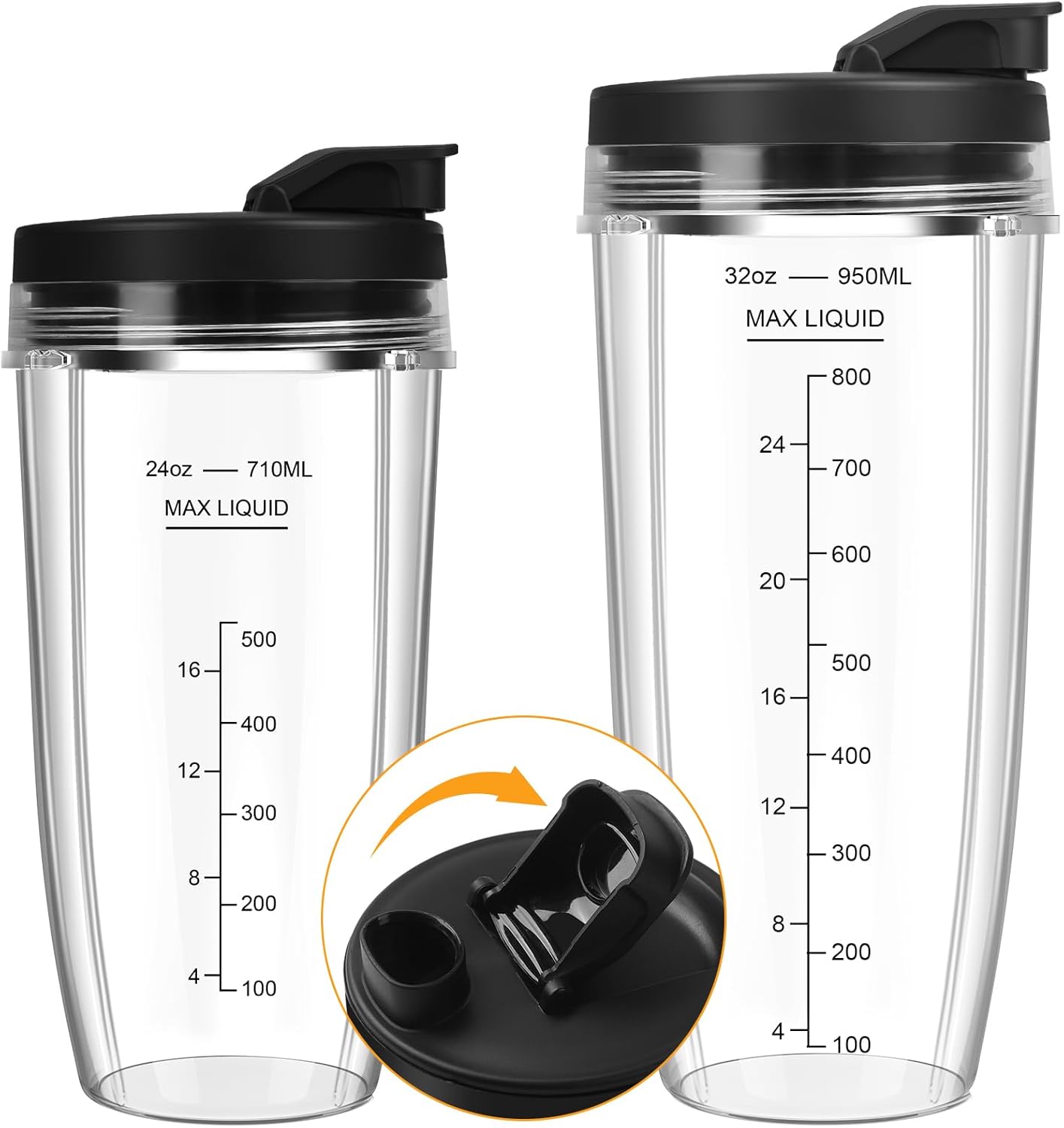 Blender Cups Replacement for Ninja, 24oz & 32oz Ninja Blender Cups with To-Go Lids Compatible with Ninja BN401, BL456, BL480, BL2012, BL2013, BL4501, BN751, BN801, SS101, SS151 (2 Pack) 32oz+24oz